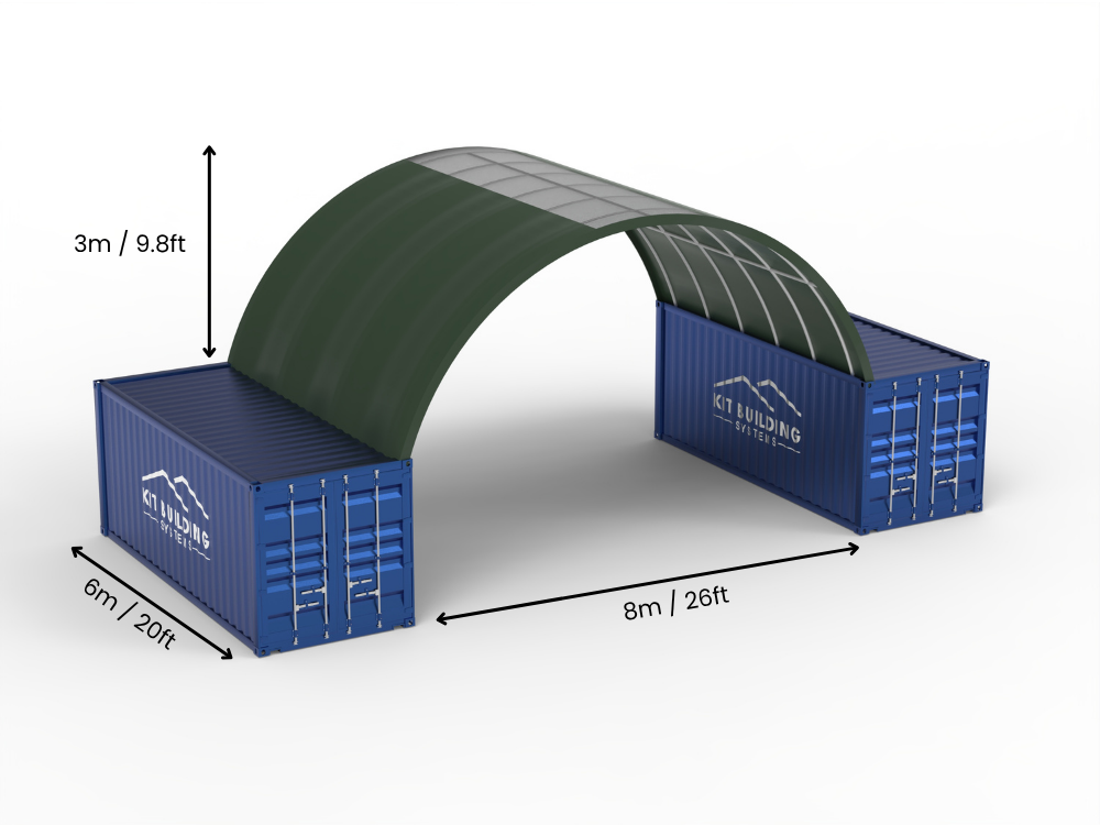 8m (26ft) Spännvidd | Containertak 26ft Bredd, 10ft Höjd (8m x 3m)